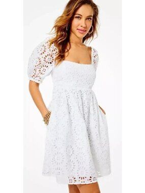 Lilly Pulitzer Kay Short Sleeve Eyelet Dress White Oversized Pinwheel SZ 12